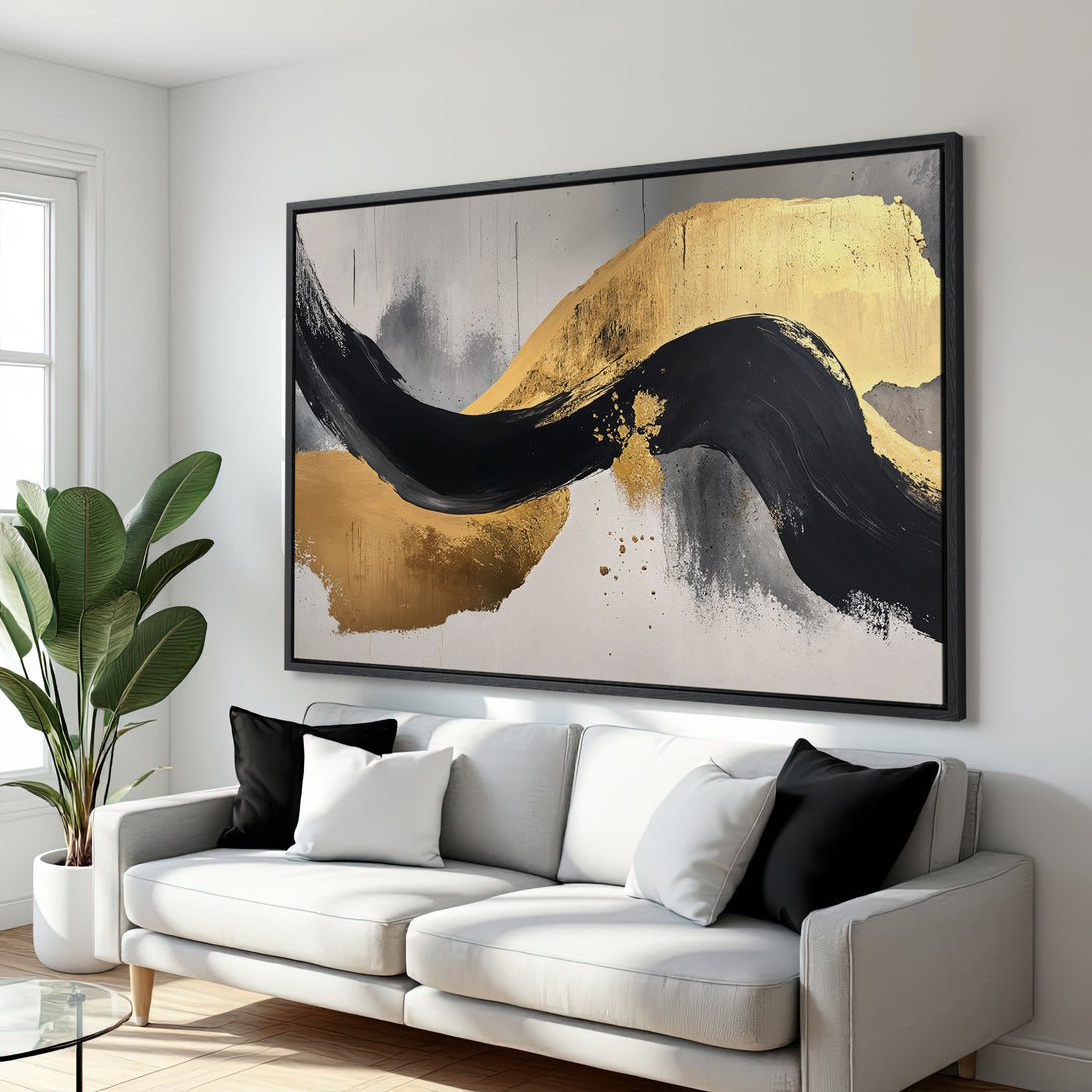 Framed Wall Art: Abstract gold, black, and gray brushstroke painting. Modern art canvas print adds a touch of elegance to any living room. Shop now!