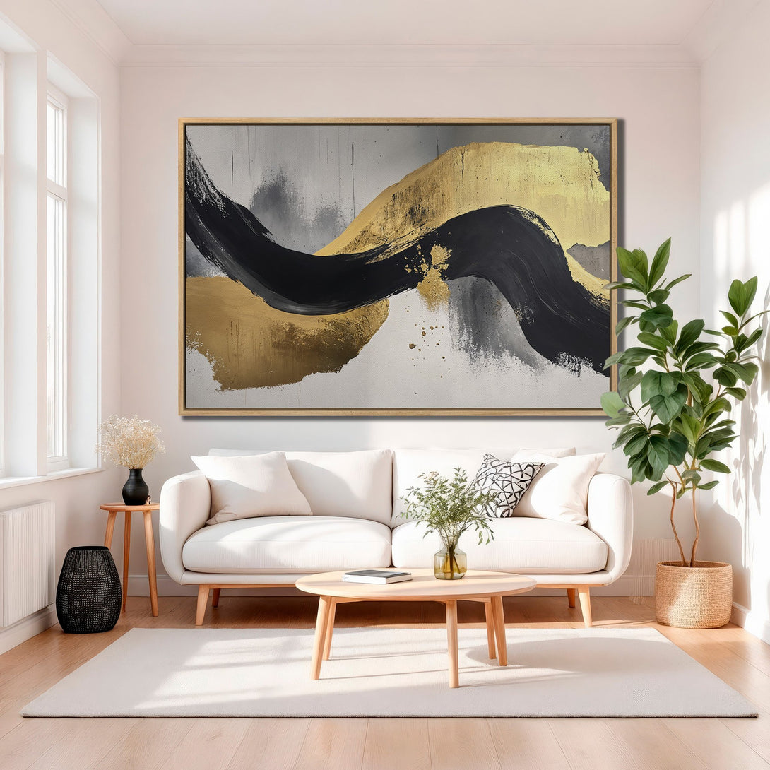Framed Wall Art: Modern abstract painting in black, gold, and gray. Enhance your living room with this stylish canvas print, perfect for contemporary decor.