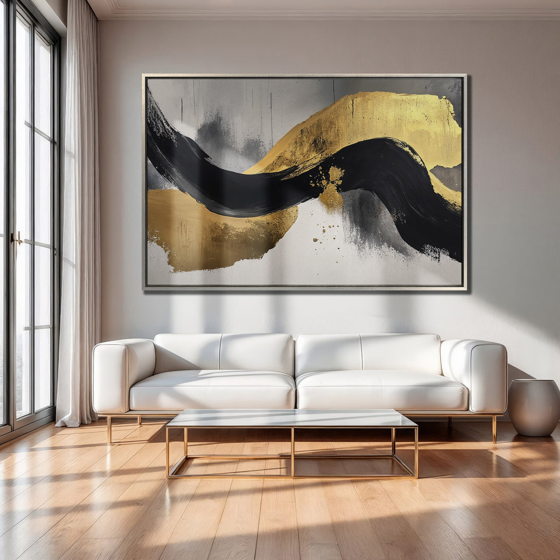 Framed Wall Art: Abstract gold, black, and gray brushstroke canvas print. Modern art for living room decor.