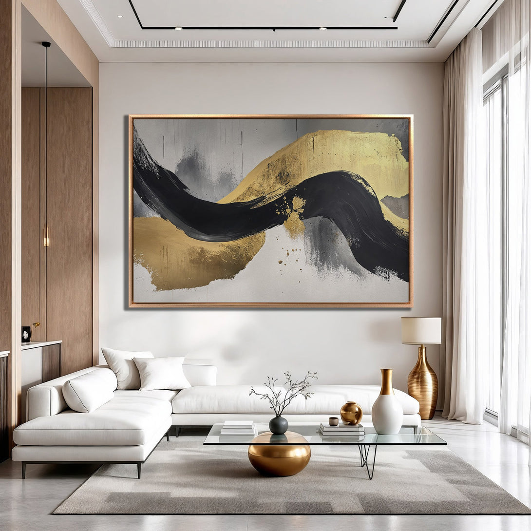 Framed Wall Art: Abstract gold, black, and gray brushstroke art. Modern canvas print adds a touch of luxury to any living room. Shop now!