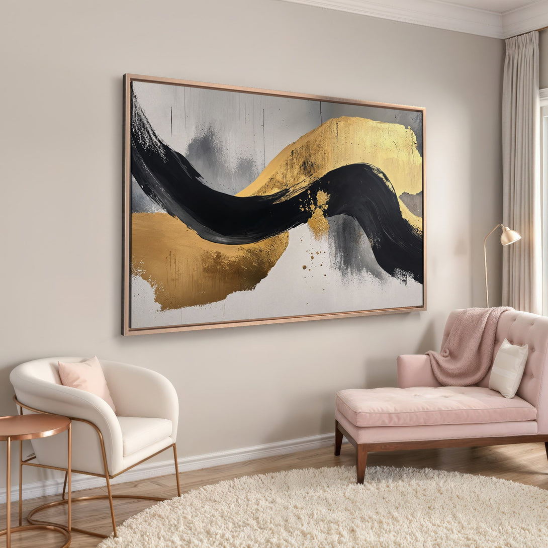 Framed Wall Art: Abstract gold, black, and gray brushstroke Canvas Print. Modern art in a neutral interior with pink accents. Elevate your space!
