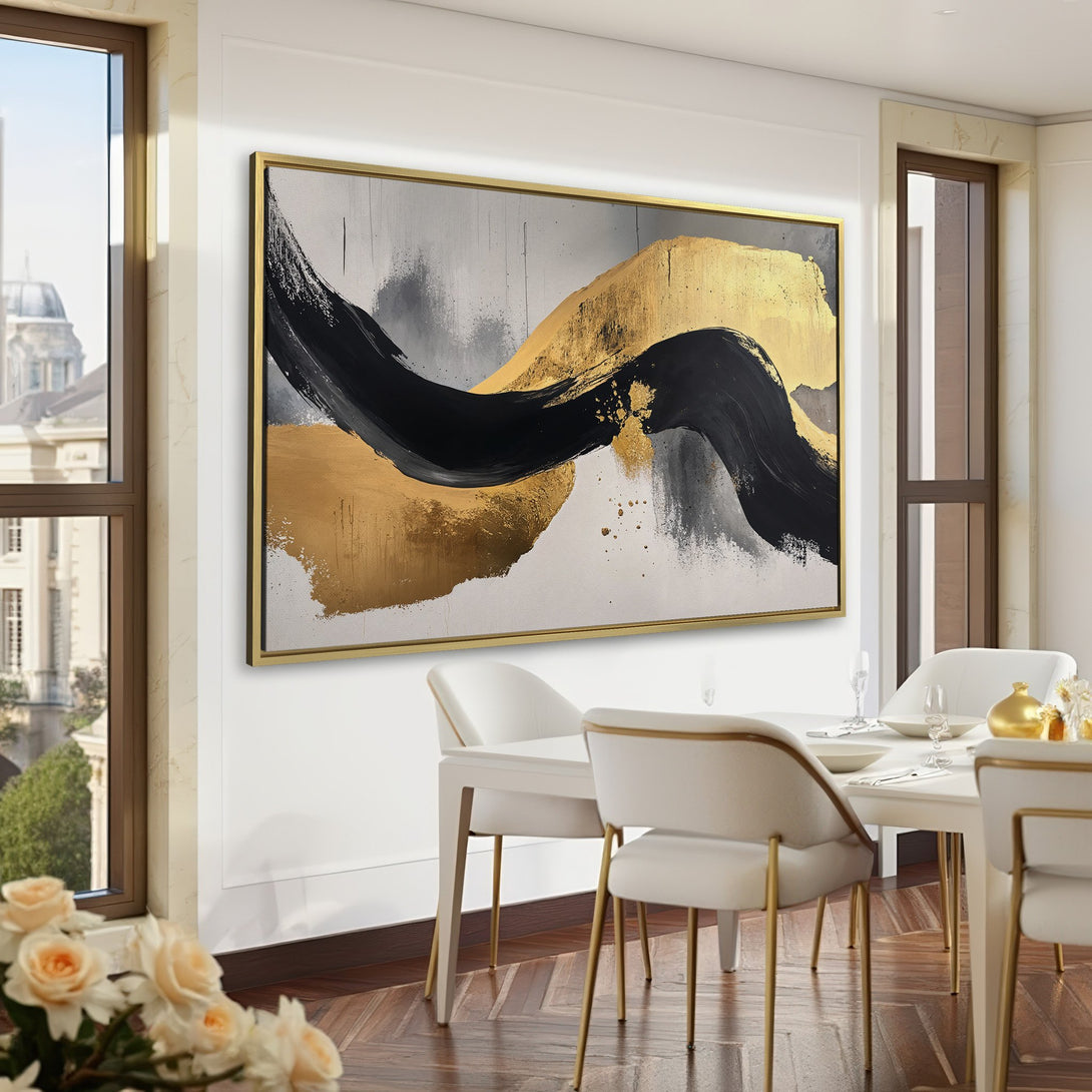 Abstract Canvas Print in gold, black, and gray tones, displayed in a sophisticated interior. Adds a touch of modern art to any space.