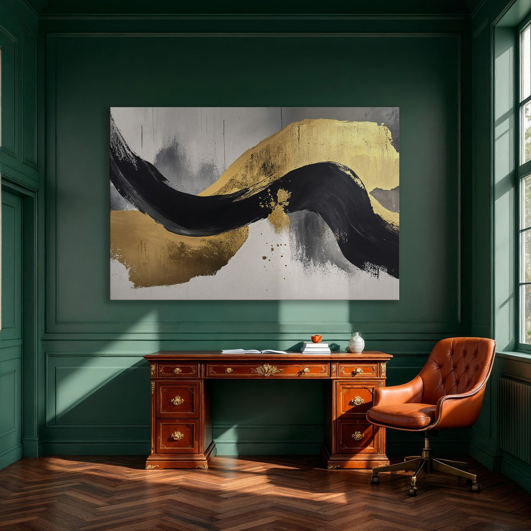 Framed Wall Art: Abstract gold, black & gray brushstroke canvas print. Modern art for dining room decor. Elevate your space with this stunning artwork.