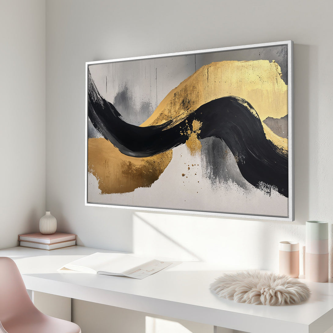 Framed Wall Art: Abstract gold, black, and gray brushstroke design. Modern art canvas print for a stylish interior. Add a touch of luxury!