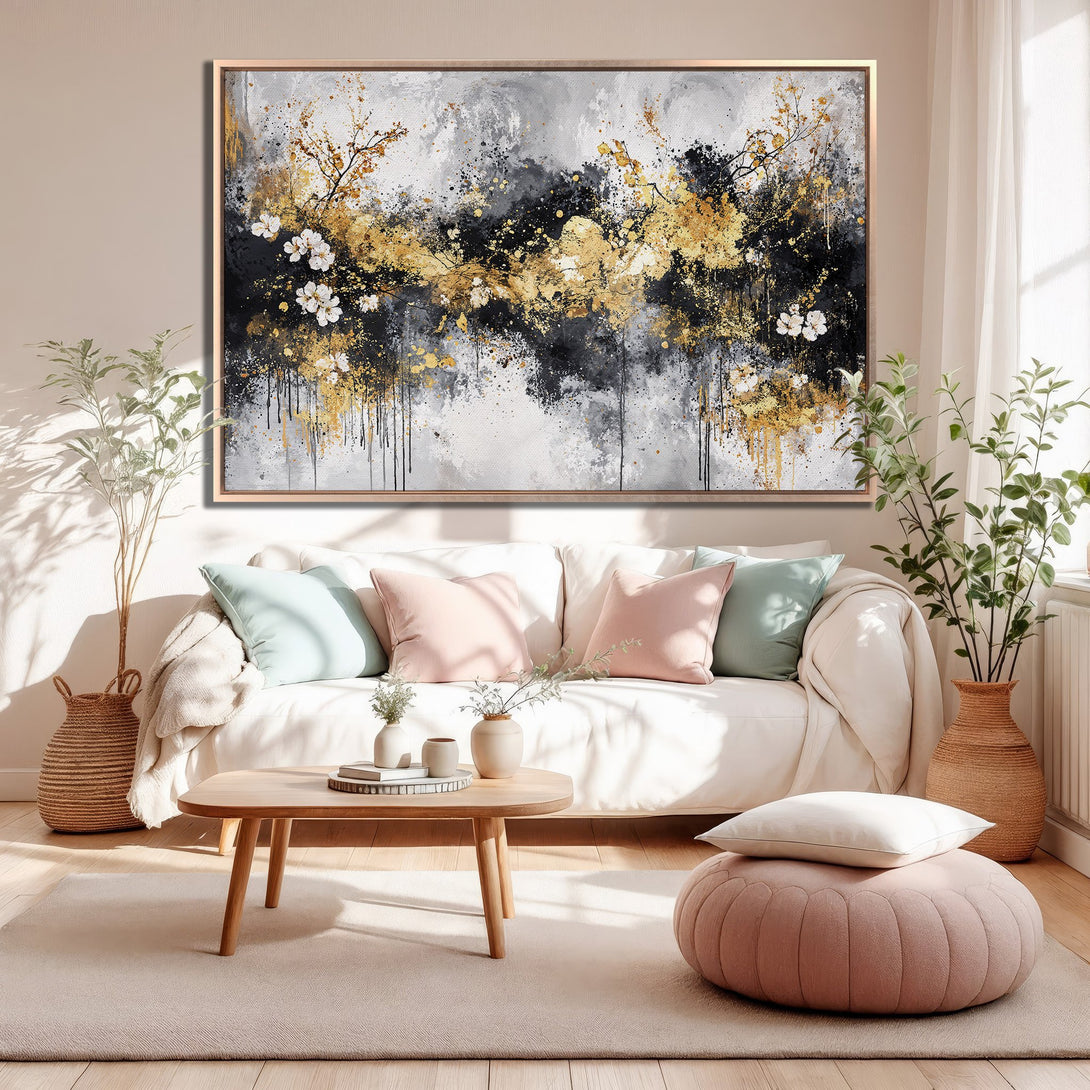Framed Wall Art featuring abstract floral design in gold, black, and gray. Modern art canvas print perfect for living room decor.