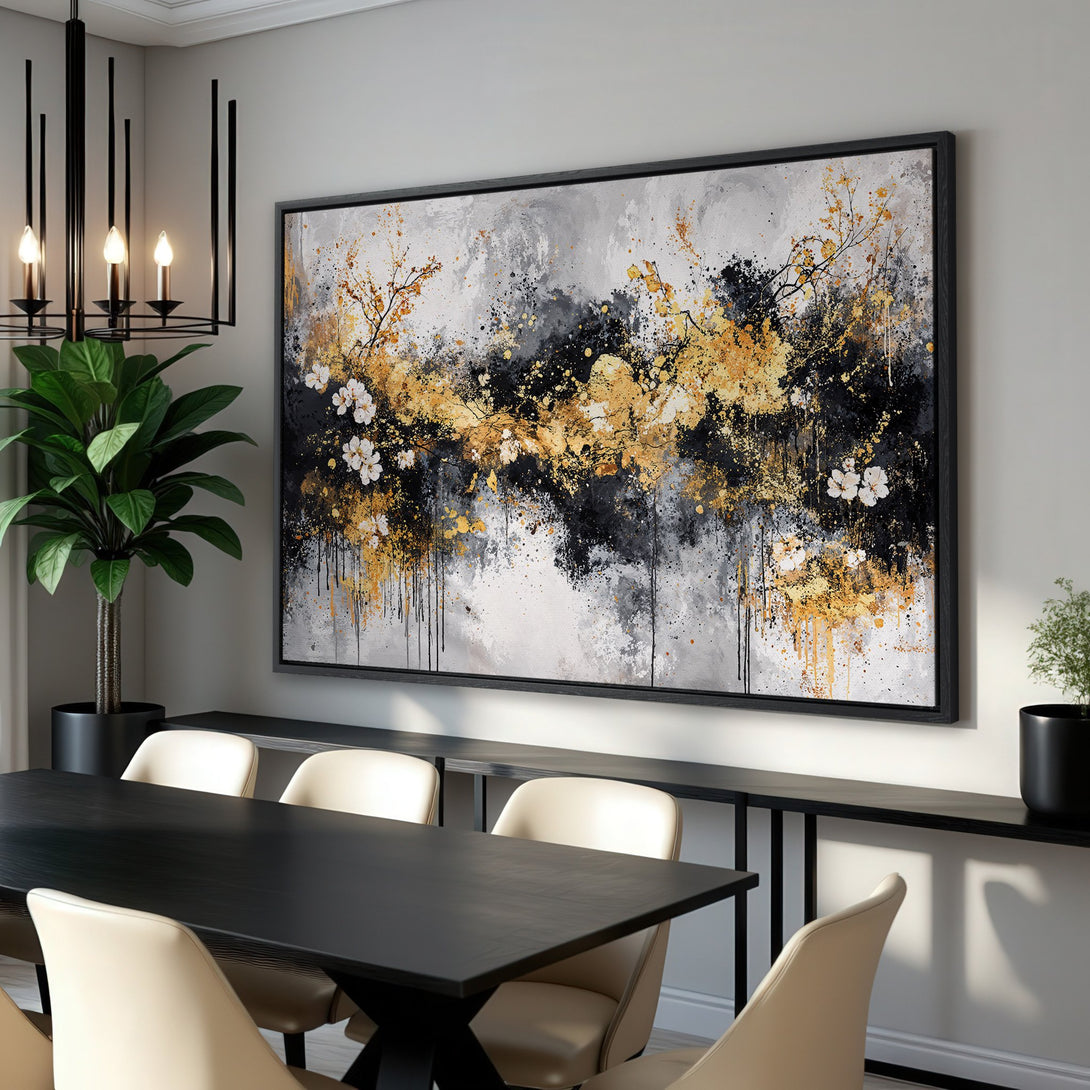 Framed Wall Art: Abstract floral painting in gold, black, and gray. Modern art canvas print adds elegance to any interior. Shop now!