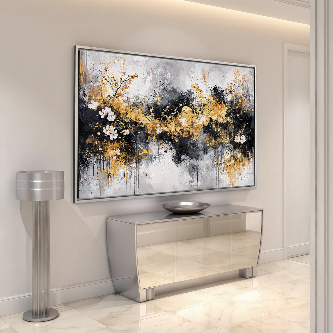 Framed Wall Art: Abstract floral canvas print in gold, black, and gray. Modern art for a stylish home decor upgrade.