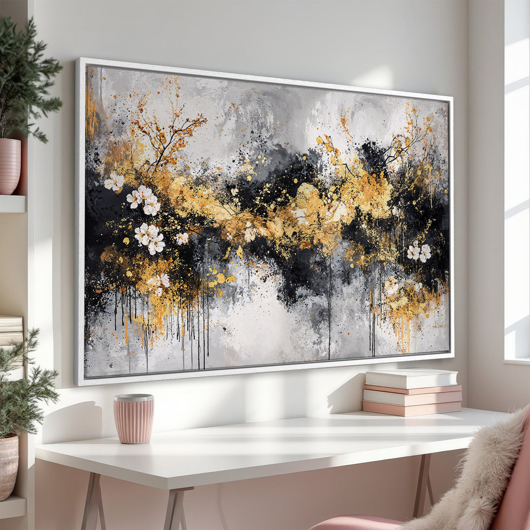 Framed Wall Art: Abstract floral painting in gold, black, and gray. Modern canvas print for living room or bedroom decor.