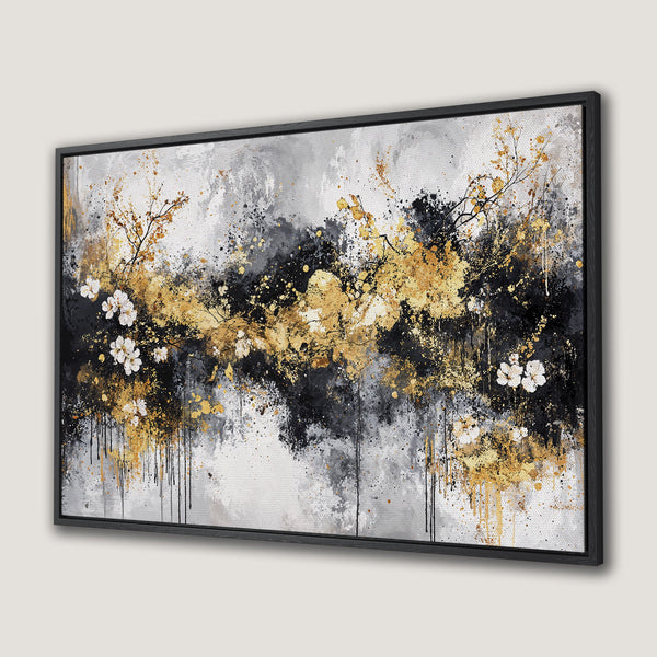 Framed Wall Art: Abstract floral Canvas Print in gold, black, and gray. Modern art for home decor.