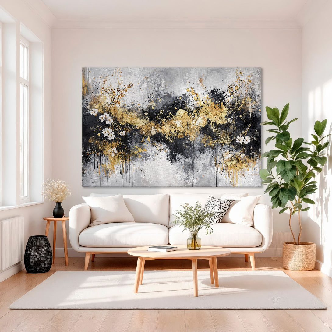 Framed Wall Art: Abstract floral painting in gold, black, and gray. Modern canvas print adds a touch of luxury to any interior.