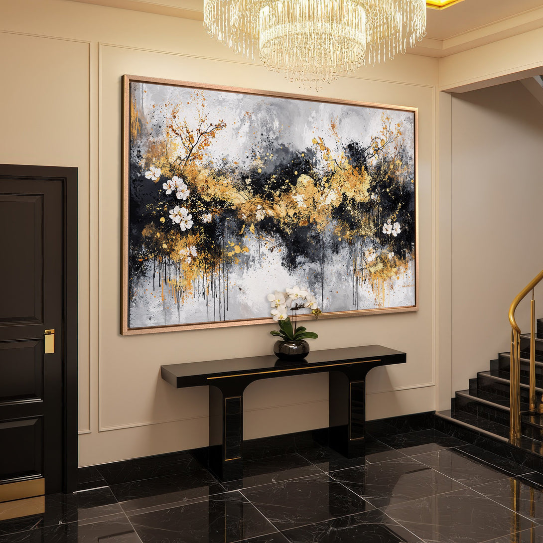 Framed Wall Art: Abstract floral design in gold, black, and white. Modern canvas print for luxury home decor.