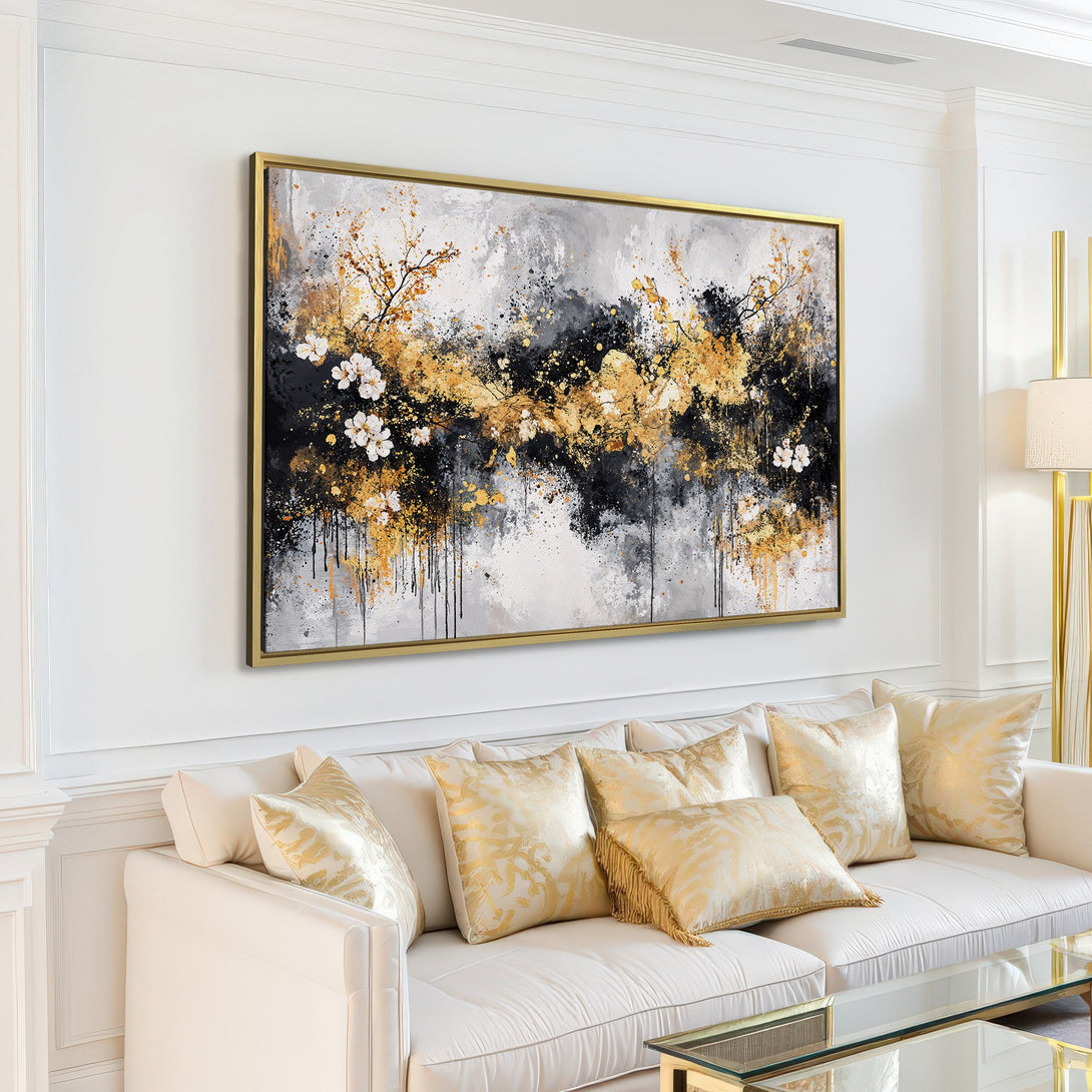 Abstract floral Canvas Print in gold, black, and white. Modern art for living room decor.