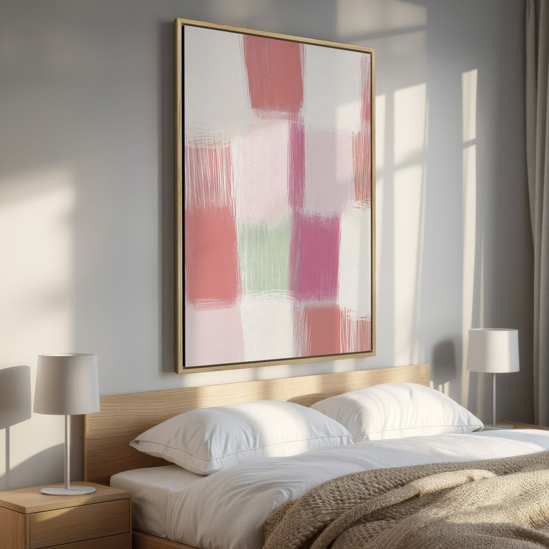 Framed Wall Art featuring abstract brushstrokes in pinks, greens, and whites. Modern art canvas print adds a pop of color to bedroom decor.