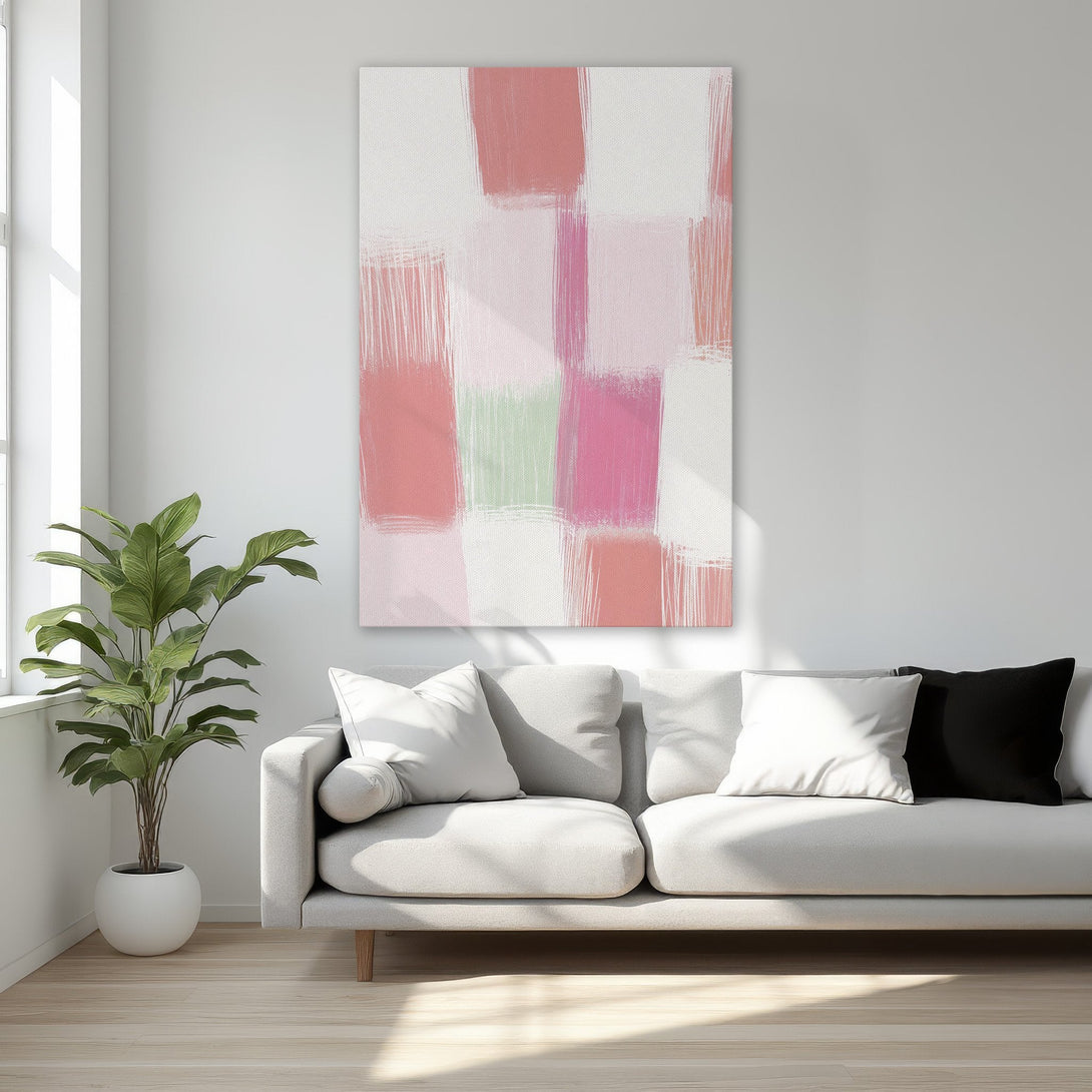 Framed Wall Art with abstract brushstroke design in pink and green hues. Modern art canvas print for a stylish interior.