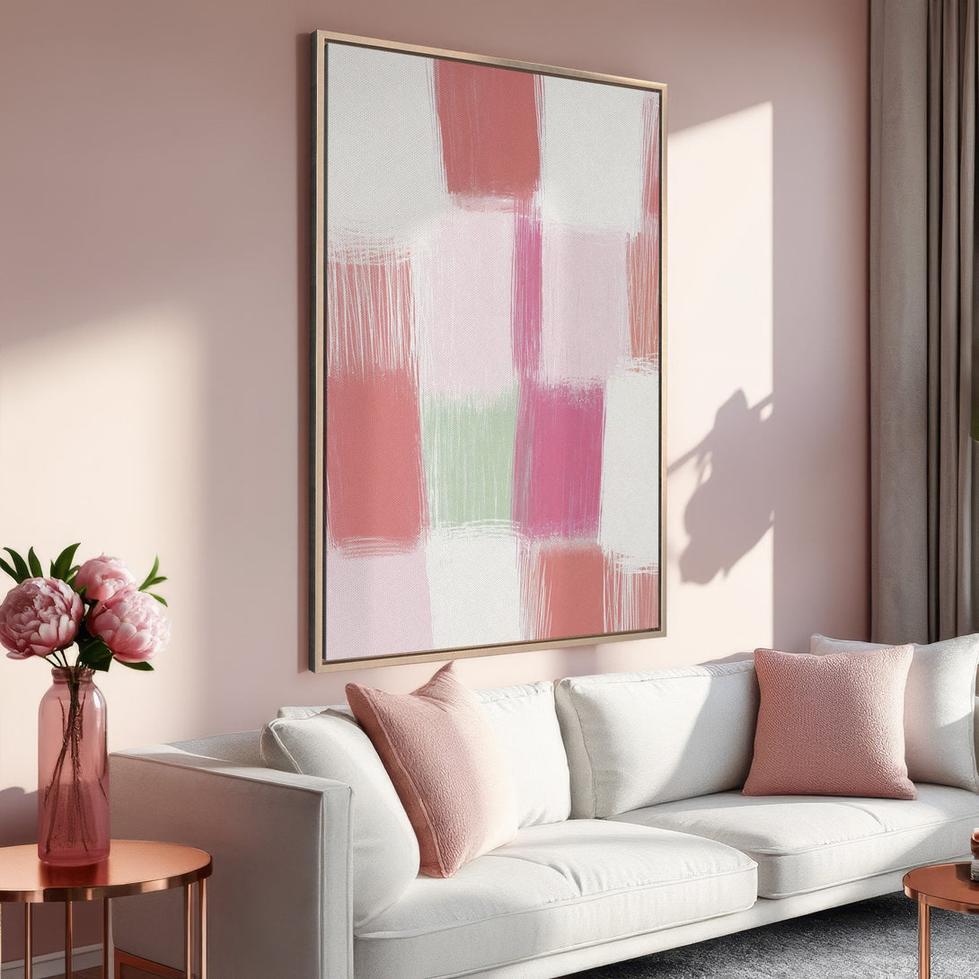 Framed Wall Art: Abstract brushstroke design in pink and white hues. Modern art for a stylish living room. Shop our Canvas Print collection today!