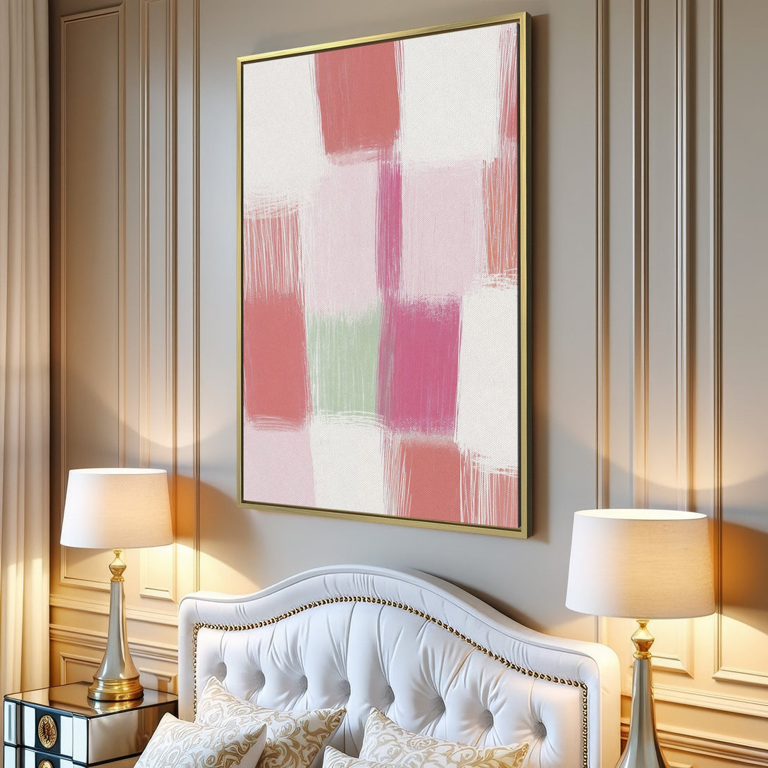 Canvas Print abstract art in blush, pink, and green hues. Modern brushstroke style adds a pop of color to any interior. Shop now!