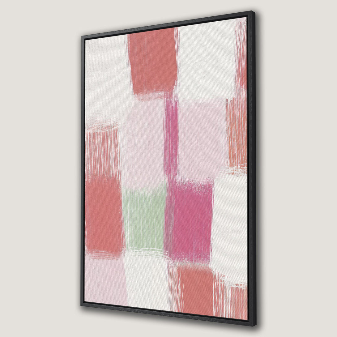 Framed Wall Art: Abstract brushstroke design in pink, peach, and green. Modern canvas print for stylish home decor.