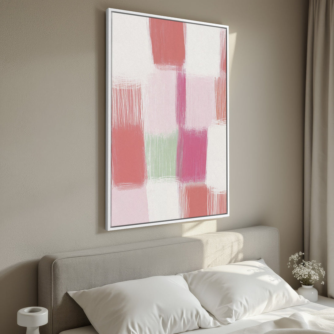 Framed Wall Art featuring abstract brushstrokes in a pink, red, and green color palette. Modern art perfect for bedroom decor.