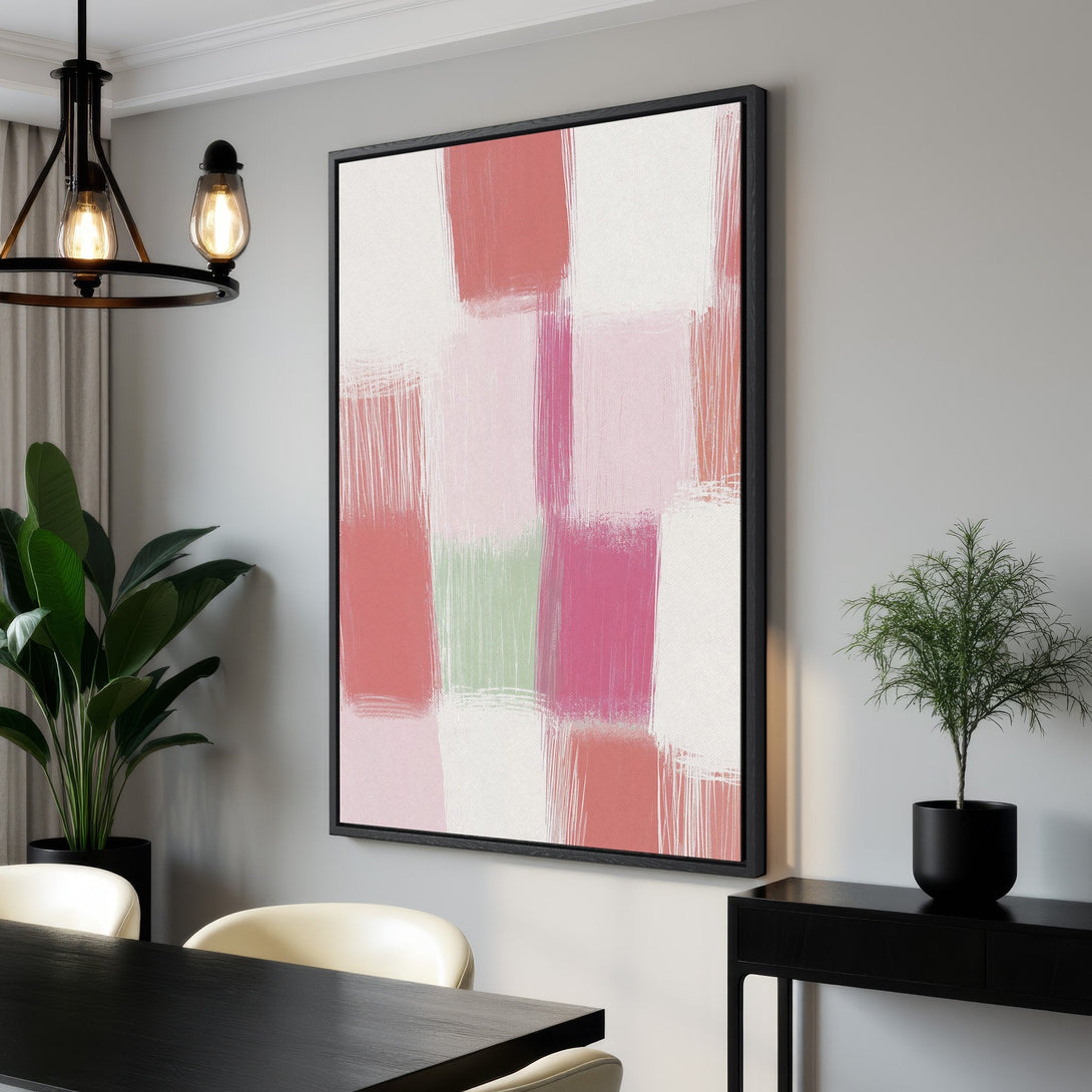 Framed Wall Art: Abstract brushstroke painting in pink and coral hues. Modern art canvas print adds a pop of color to any space.
