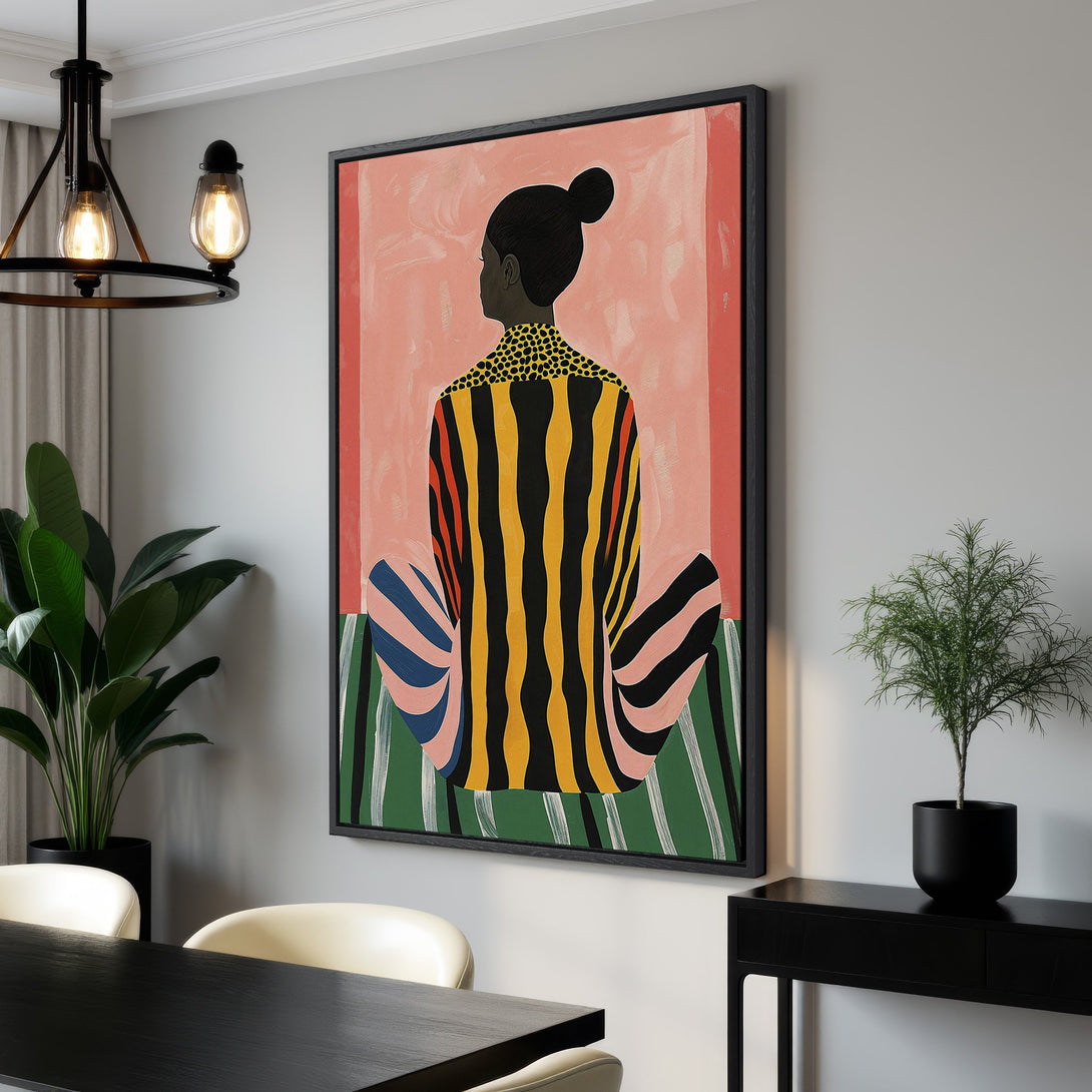 Framed Wall Art: Abstract figure in colorful stripes and dots. Modern art Canvas Print with pink, yellow, black, and green palette. Perfect for home decor.