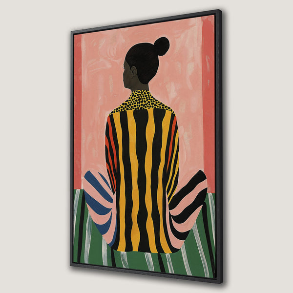Framed Wall Art: Abstract portrait of a woman in colorful striped clothing. Modern art in a vibrant palette of pink, yellow, black, and green.