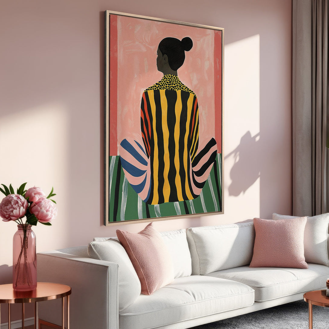 Framed Wall Art: Abstract woman portrait with colorful stripes. Modern art in a pink, yellow, and black palette. Perfect for living room decor.