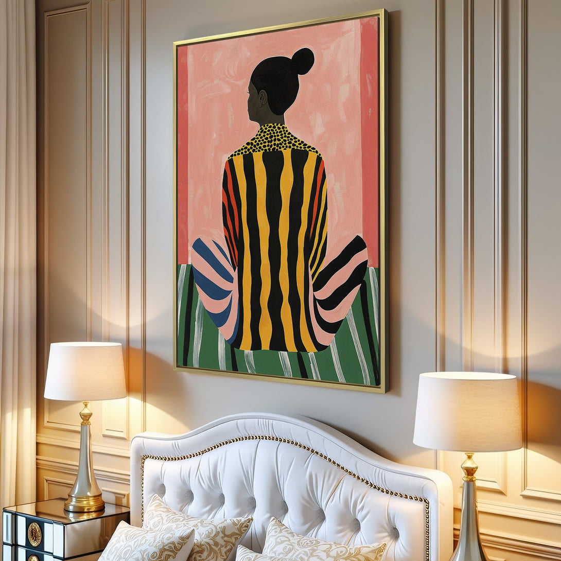 Canvas Print of a woman in colorful striped clothing, modern art style, with pink, yellow, and green color palette, perfect for home decor.