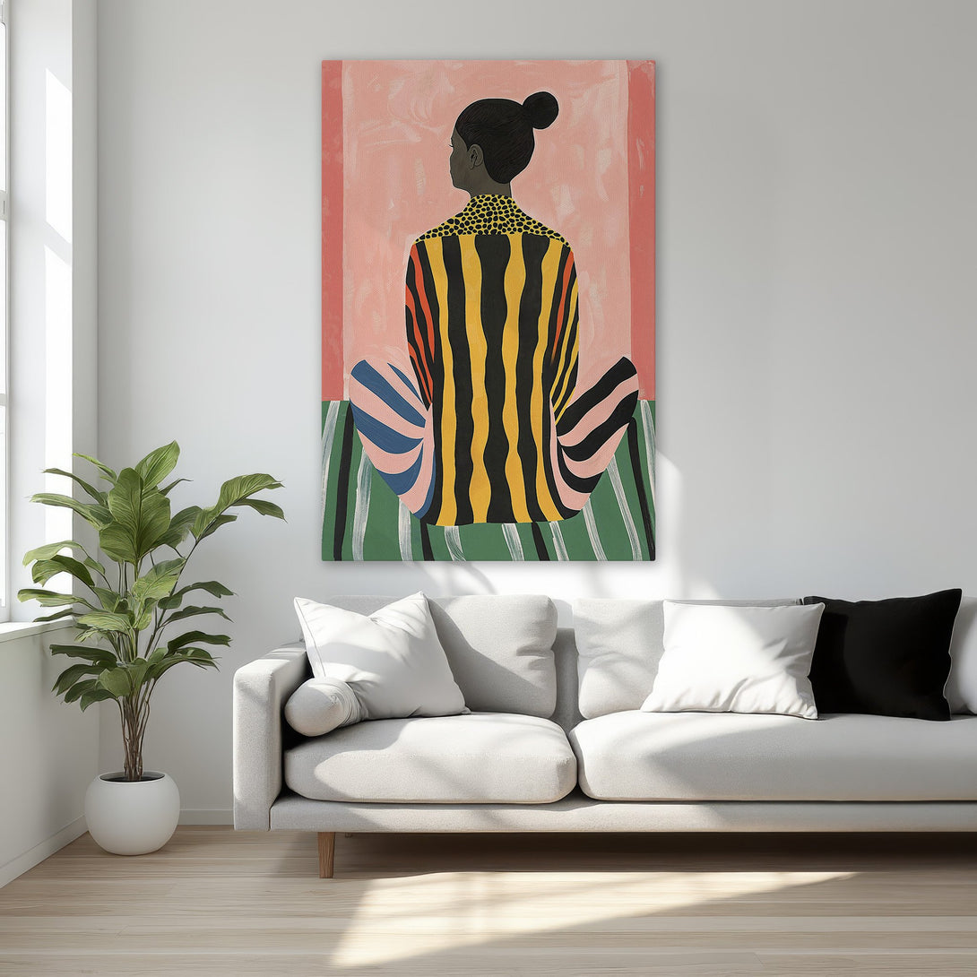 Framed Wall Art: Abstract woman in colorful striped shirt. Modern art with pink, yellow, black, and green color palette. Perfect for bedroom decor.