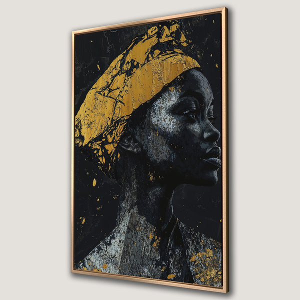 Framed Wall Art: Abstract portrait of a woman in black and gold. Modern art canvas print with a striking, luxurious color palette.