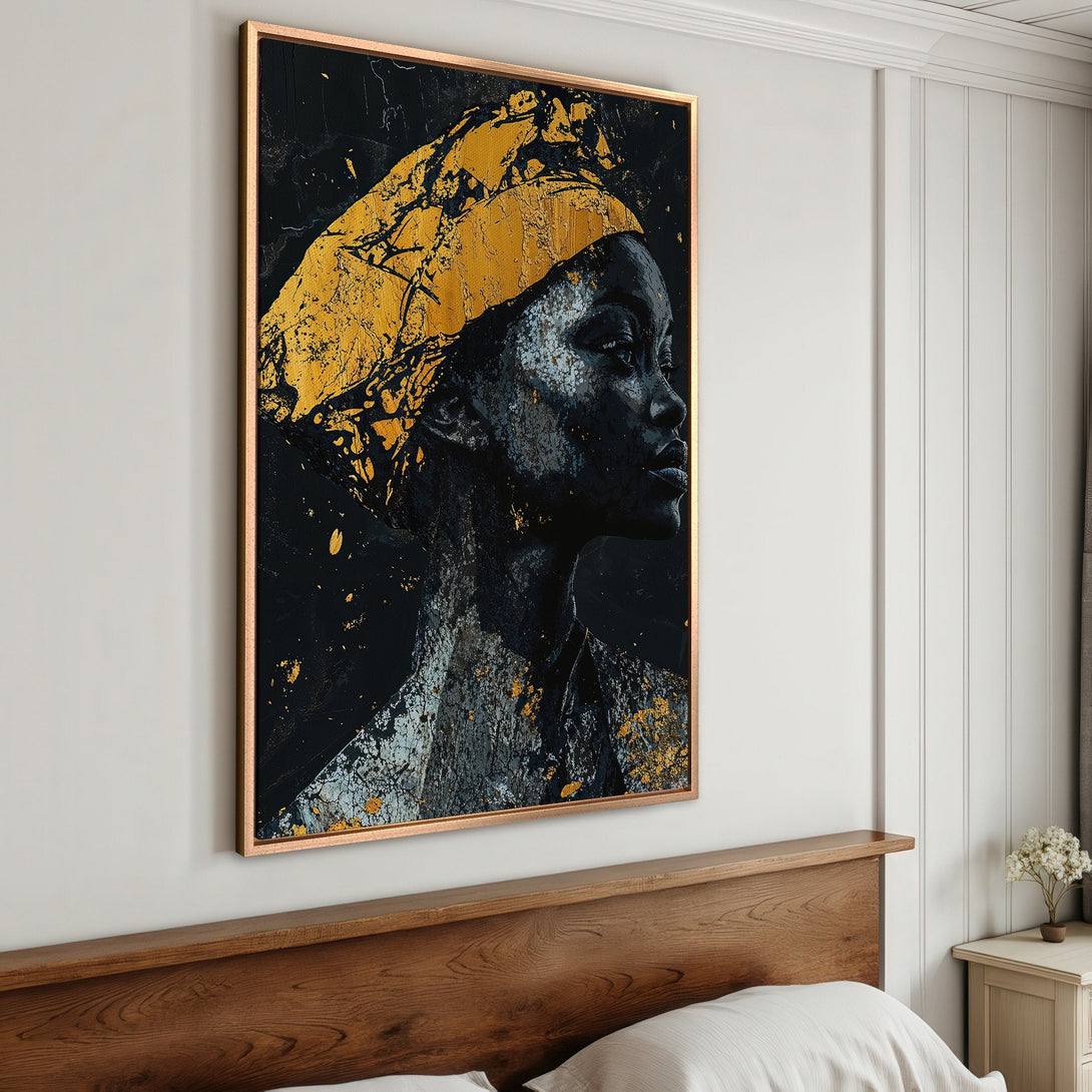 Framed Wall Art: Abstract portrait in black, gold, and gray. Modern canvas print adds elegant style to bedroom decor. Shop now!