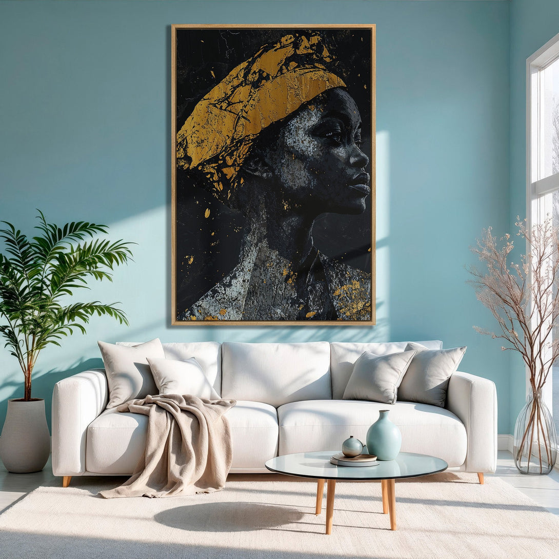 Framed Wall Art: Abstract portrait in black, gold, and gray tones. Modern decor for living room.