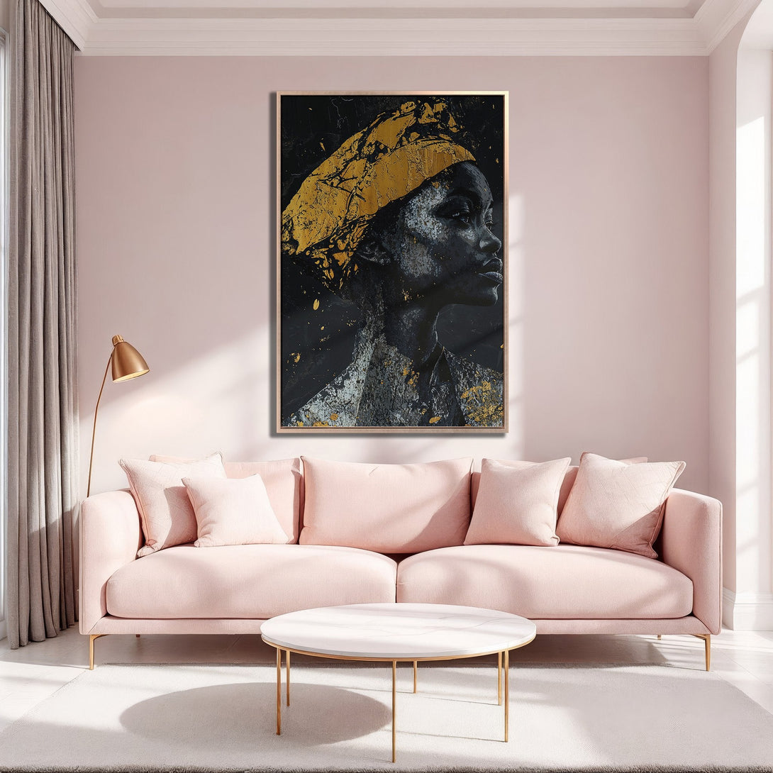 Framed Wall Art: Abstract portrait in gold and black, displayed in a pink living room. Modern art canvas print for stylish home decor.