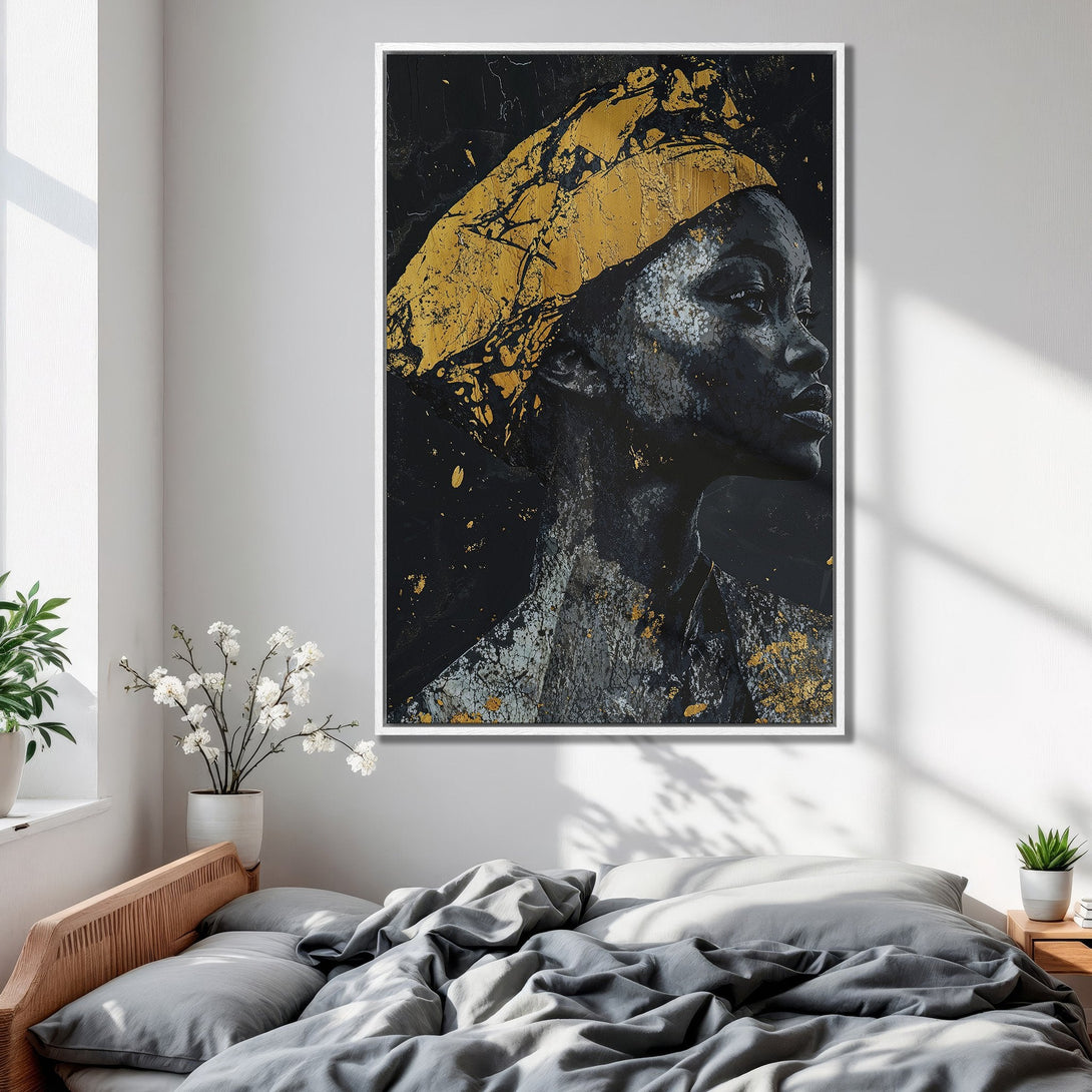 Framed Wall Art: Abstract portrait in black, gold, and gray. Modern art Canvas Print adds elegance to any bedroom decor.