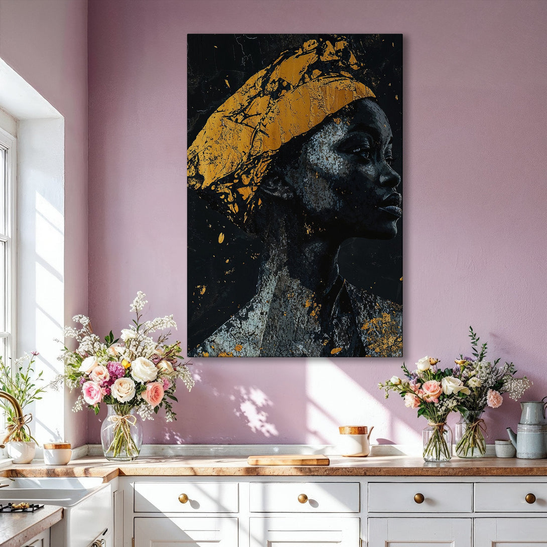 Framed Wall Art: Abstract portrait of a woman in gold and black. Modern art canvas print in a luxurious interior, adding elegance and style.