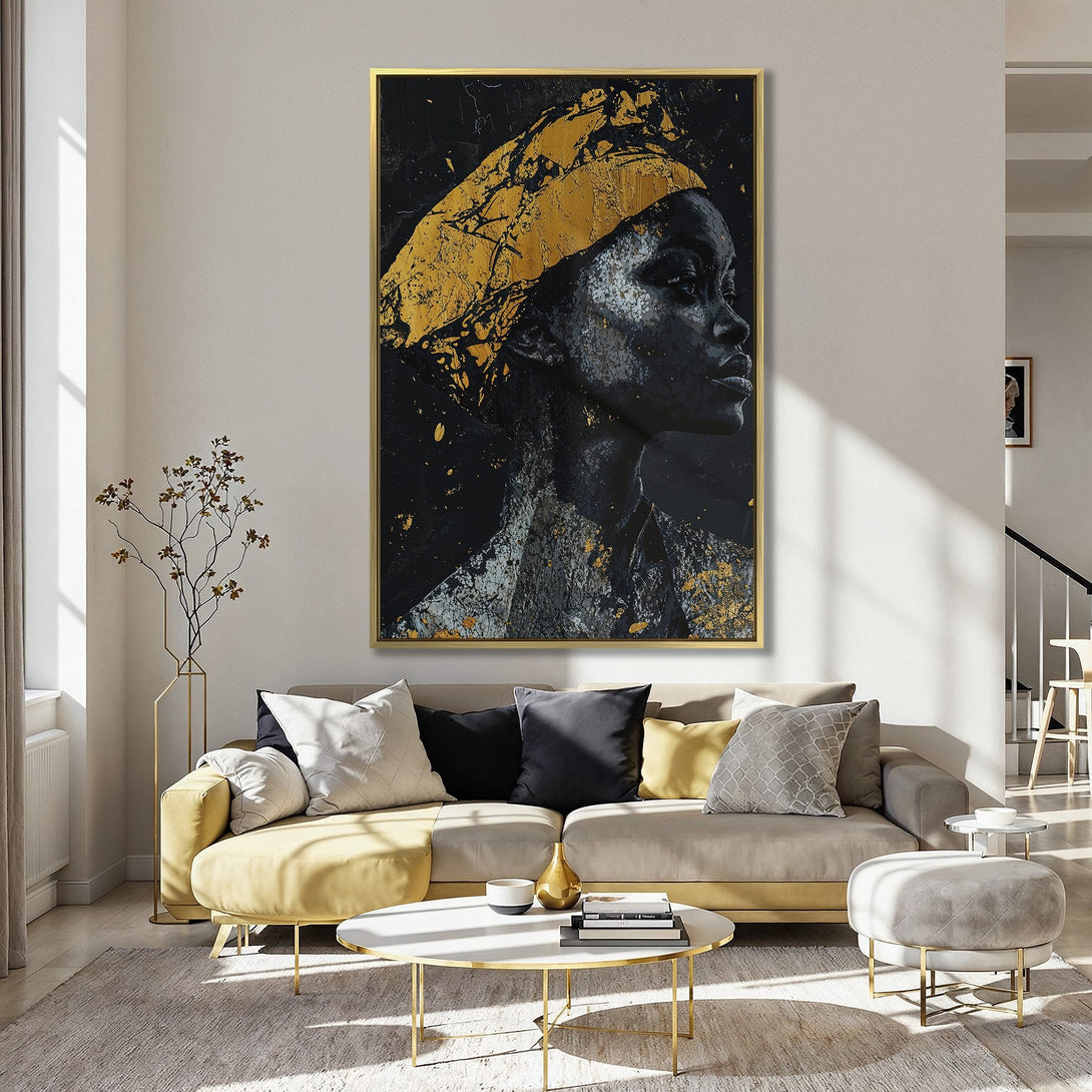 Canvas Print featuring an abstract portrait of a woman in black and gold. Modern art with a striking color palette, perfect for interior decor.