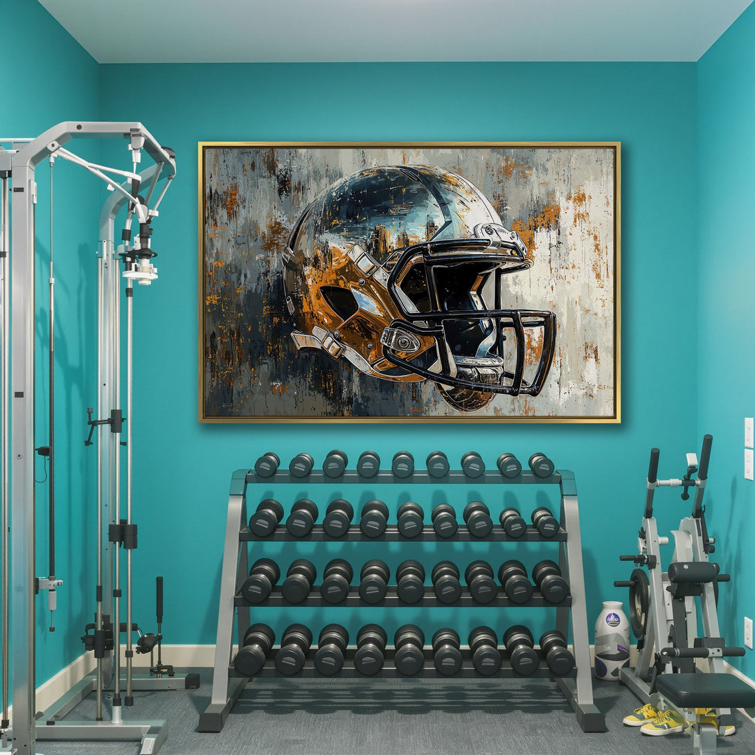 Canvas Print of a football helmet in an abstract style, featuring a gray, gold, and black color palette. Perfect for sports fans!