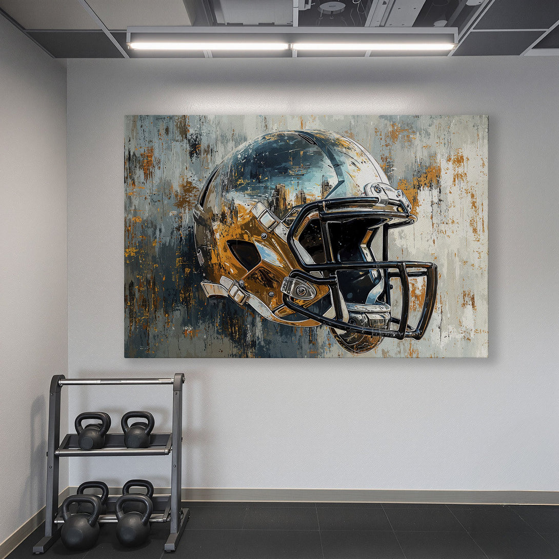 Framed Wall Art: Abstract football helmet in gold, gray, and black. Modern art for your home gym. Add a touch of sporty style!