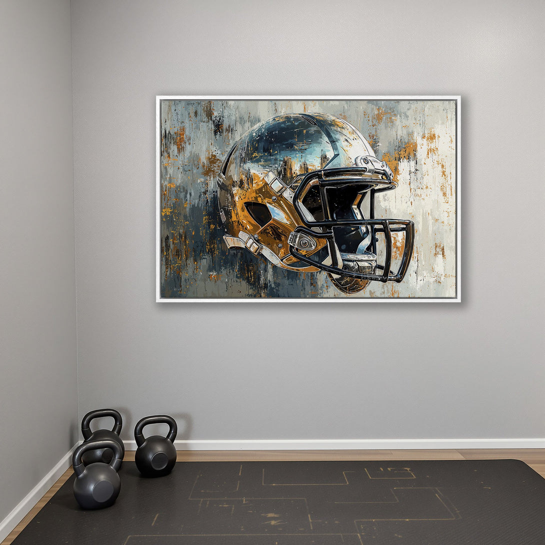 Framed Wall Art: Abstract football helmet canvas print in gold, gray, and black. Modern decor for your home gym or sports room.
