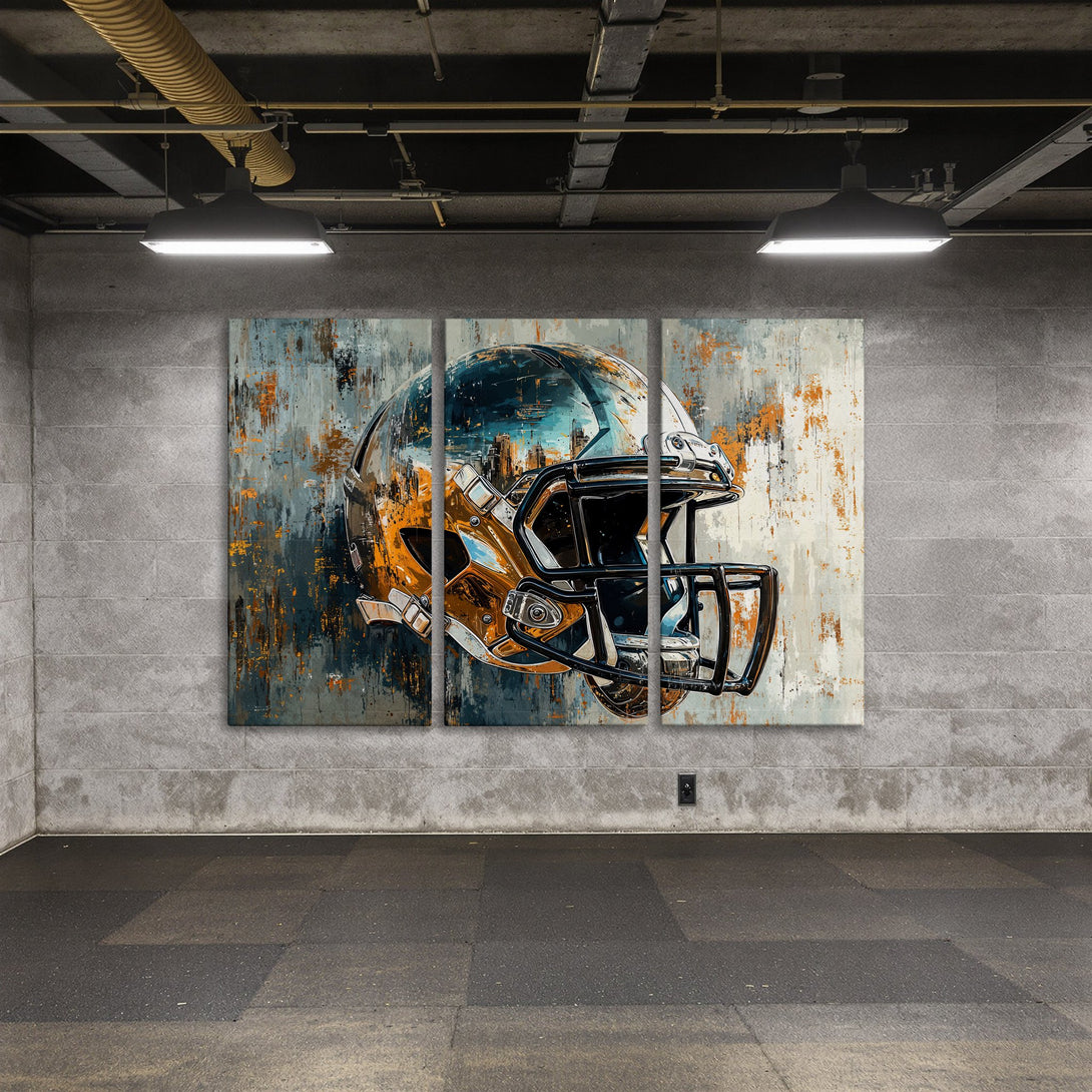 Canvas Print of a football helmet in an abstract style with a blue, orange, and grey color palette. Perfect sports wall art!