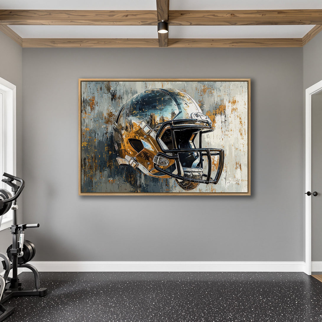 Framed Wall Art: Abstract football helmet in gold, black, and gray. Modern art for any space. Elevate your decor with this striking Canvas Print.