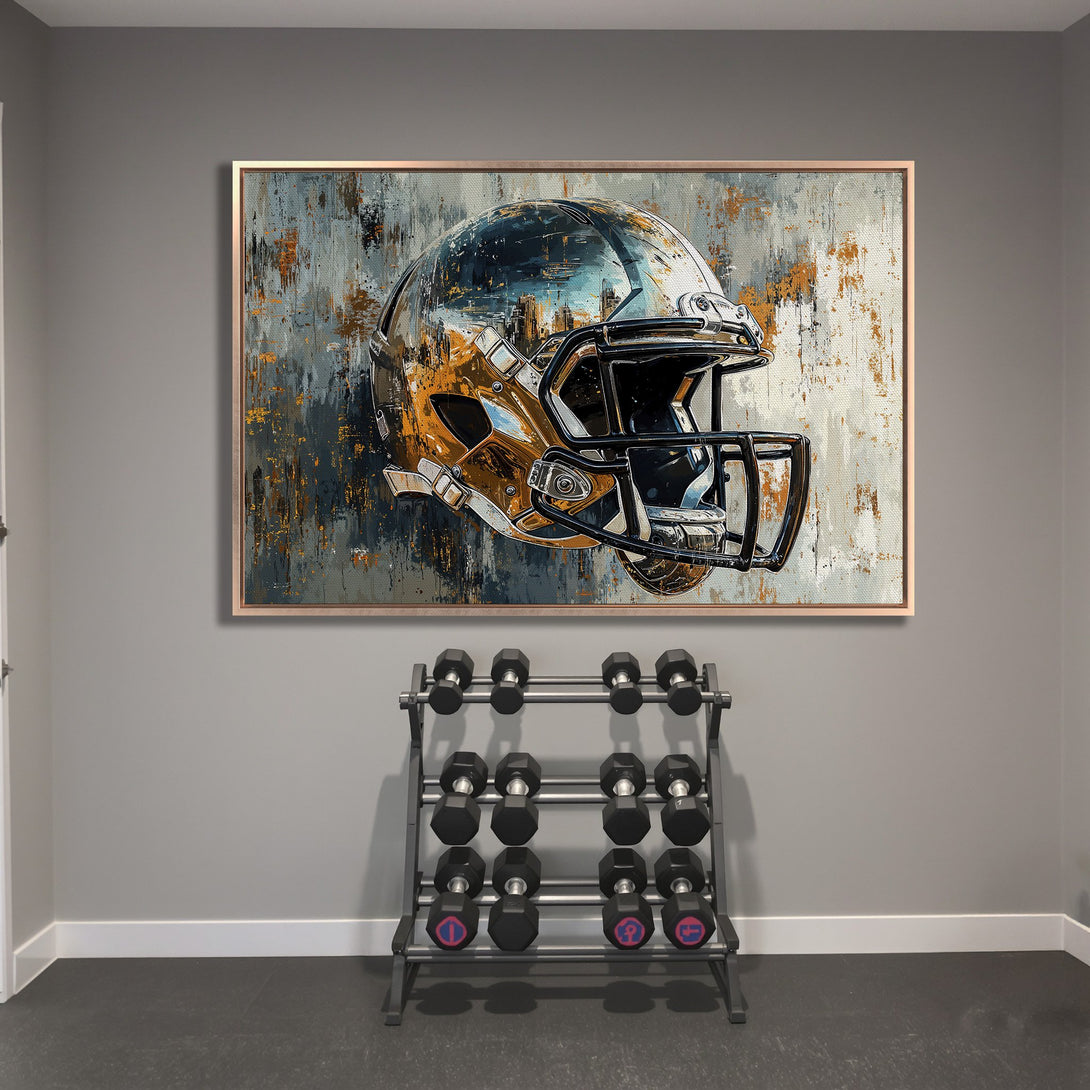 Framed Wall Art: Abstract football helmet art in gold, gray, and blue tones. Modern decor for a stylish home gym. Add a touch of sports flair!