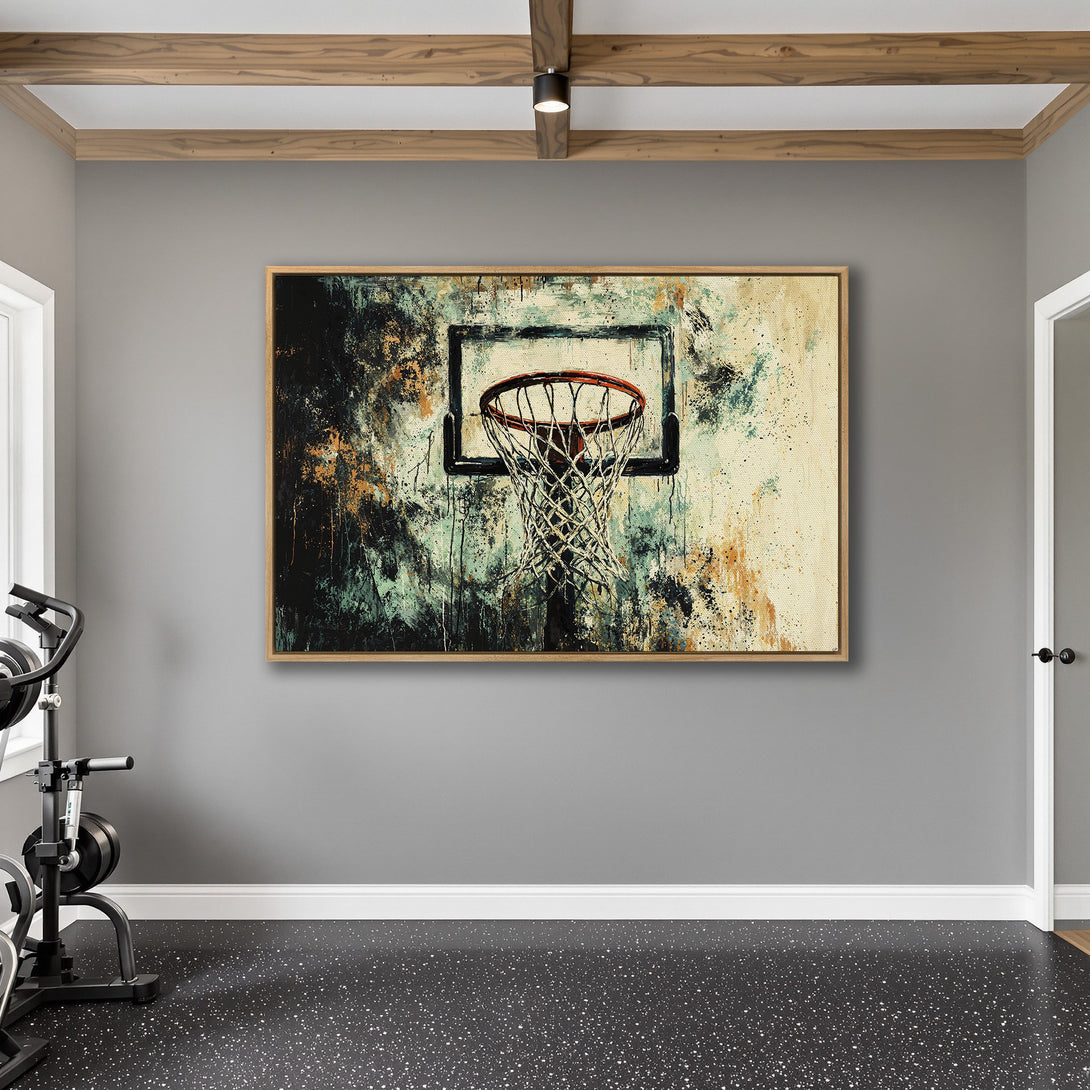 Framed Wall Art: Abstract basketball hoop art in a modern interior. Features a teal, orange, and black color palette. Perfect for home gyms and sports enthusiasts.