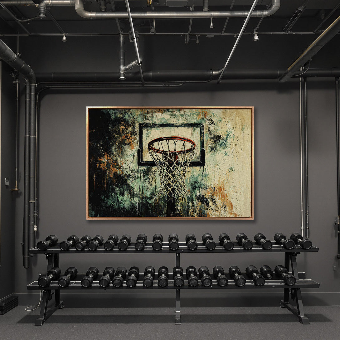 Framed Wall Art: Abstract basketball hoop art in a modern gym. Features a teal, orange, and black color palette. Perfect for sports fans!