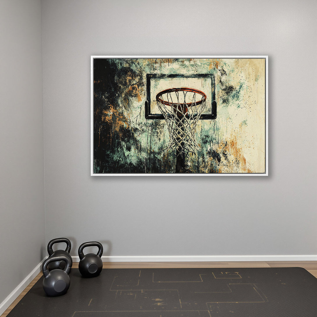 Abstract Canvas Print of a basketball hoop with a grunge style, featuring a teal, orange, and black color palette. Perfect wall art for any space!
