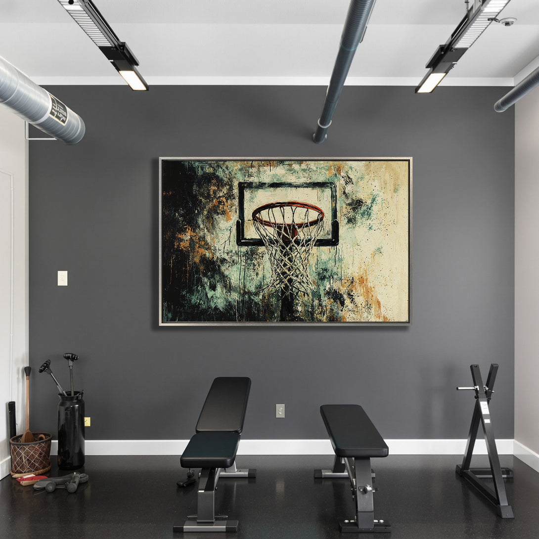 Framed Wall Art: Abstract basketball hoop canvas print with teal, orange, and black color palette, perfect for home gym decor.
