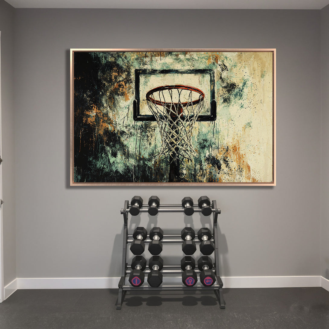 Framed Wall Art: Abstract basketball hoop art with teal, orange, and black tones. Elevate your space with this unique canvas print!