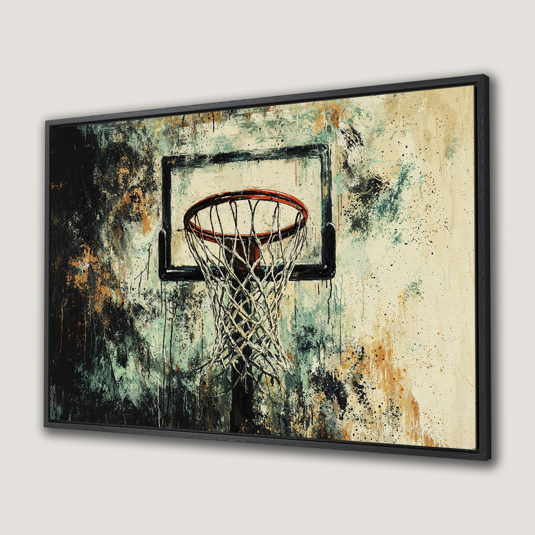 Framed Wall Art: Abstract basketball hoop art with a grunge style. Features teal, orange, and black paint splatters on a canvas print. Perfect for sports fans!