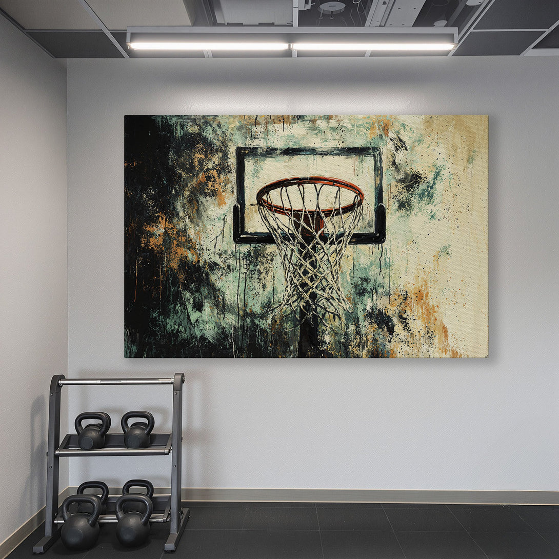 Framed Wall Art: Abstract basketball hoop canvas print in a modern gym. Features a teal, black, and orange color palette. Elevate your space with art!