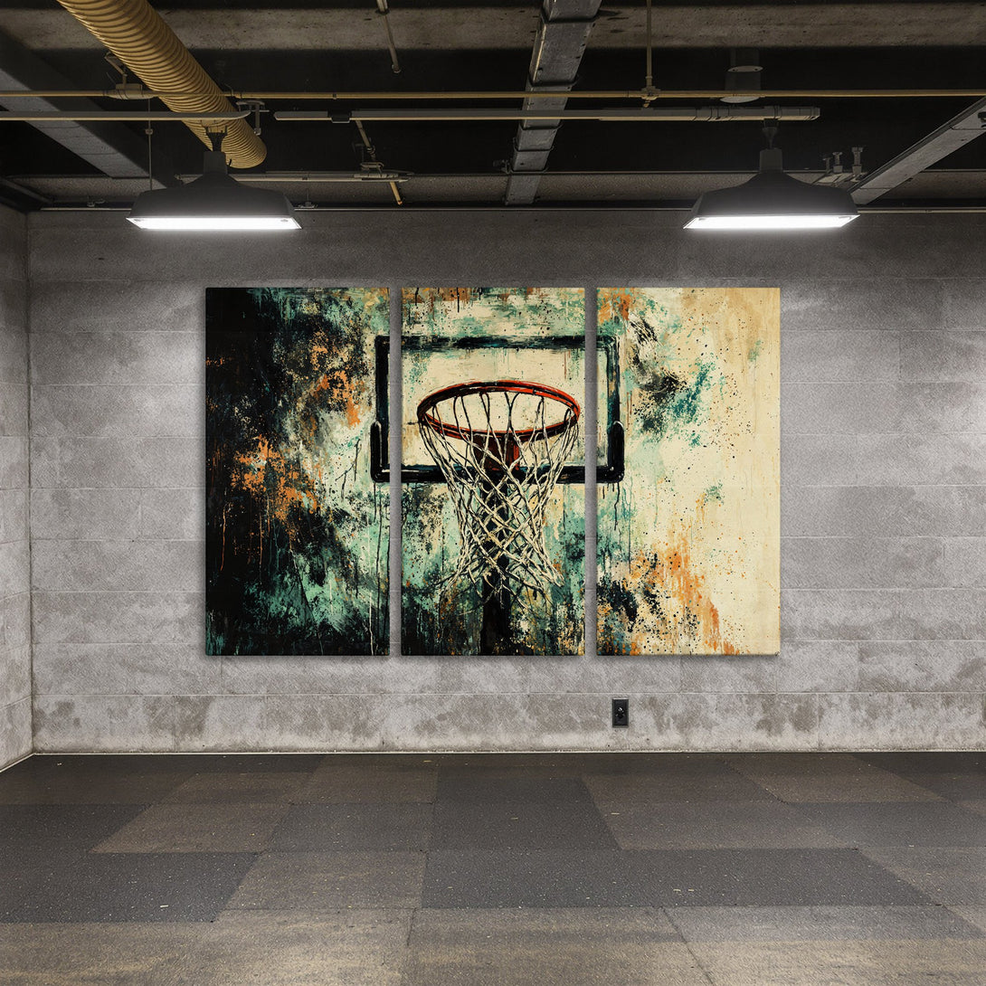 Abstract Canvas Print of basketball hoop, featuring a teal, orange & black color palette. Perfect modern wall art!
