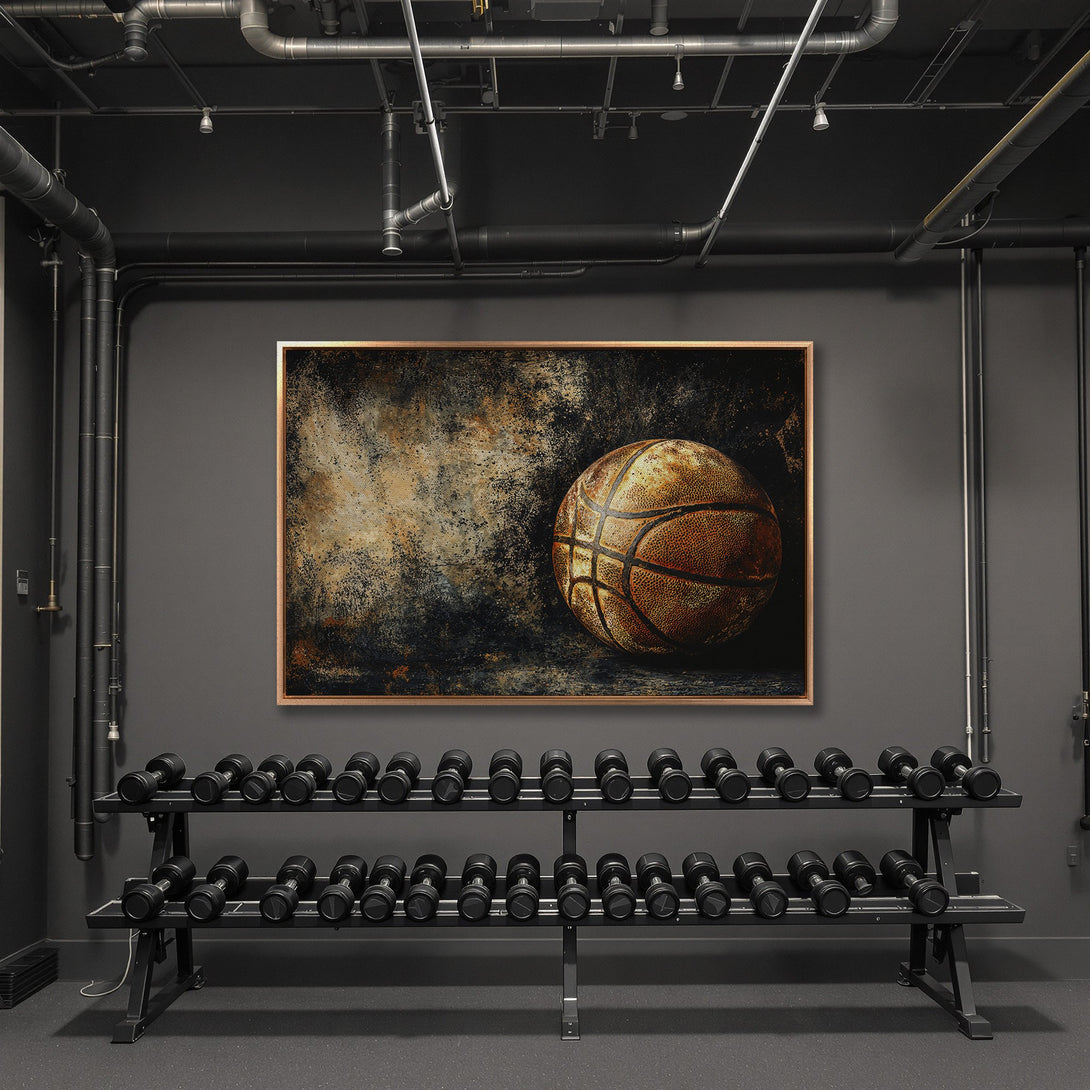 Framed Wall Art: Rustic basketball print in a modern gym setting. Earthy tones and textured style create a bold statement piece for your home or gym decor.